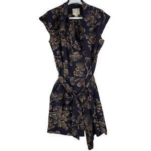 Anthropologie Maeve Silk Button-Down Wrap Navy Gold Floral Dress Women’s Size 6